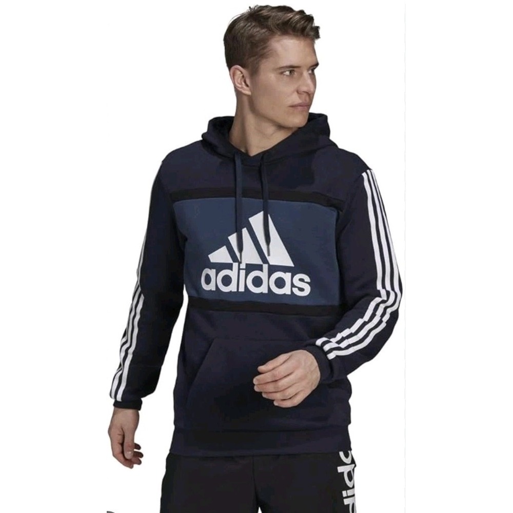 Adidas‎ Mens L Essentials CB Fleece Hoodie Pullover Sweatshirt Navy Blue Stripe